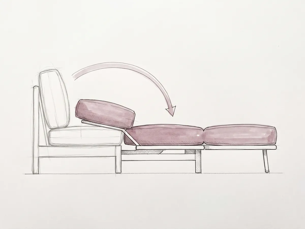 Cómo se abre un sofá cama libro: el respaldo se abate y el asiento avanza hasta formar una cama plana